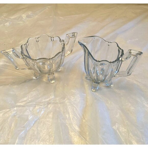 Indiana Glass Sugar Bowl and Creamer Pitcher Set Colonial Notched Clear 4 Footed - Picture 6 of 11